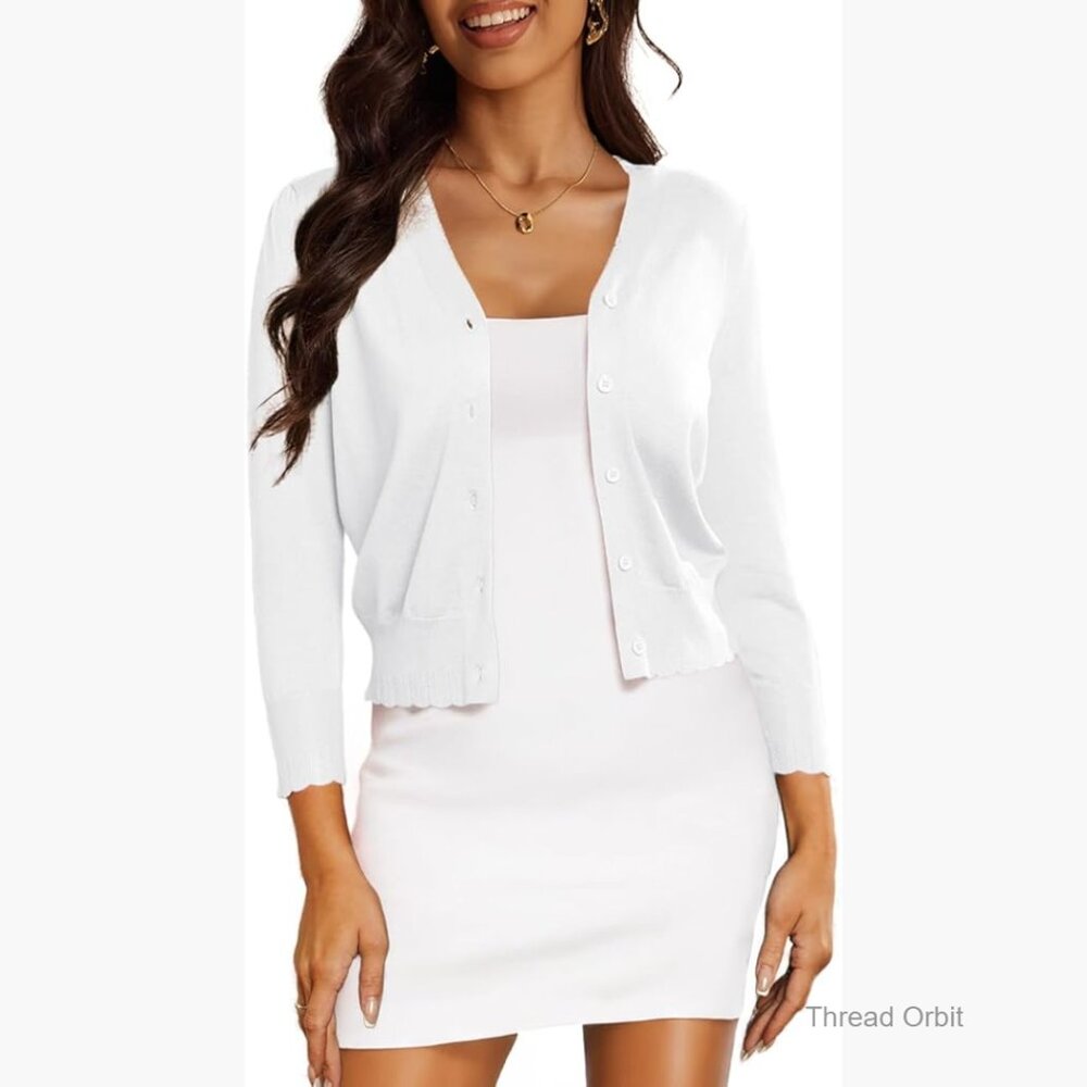 Cropped Cardigan Shrug 3/4 Sleeve V-Neck Button Front Lightweight